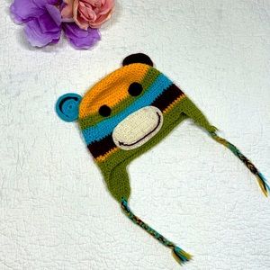 Kids Multicolored Hand-knit Monkey Hat With Tassle Braids